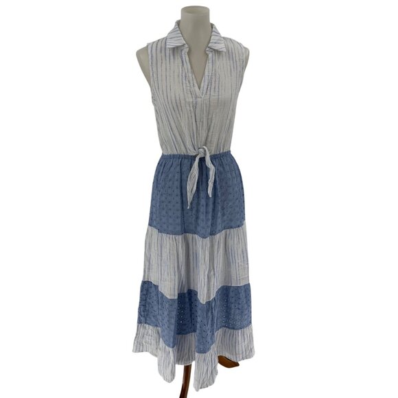 Mystree Womens Sleeveless Striped & Eyelet Maxi Dress S 100% Cotton Blue/White, - Picture 1 of 12